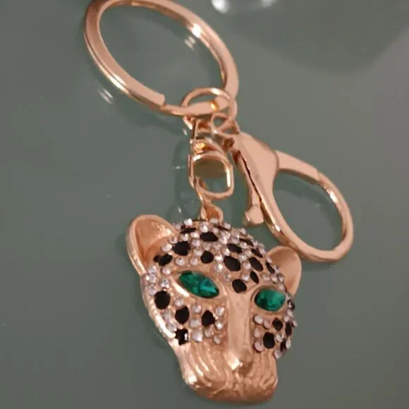MINT Cheetah Gold Black Enamel Green & Clear Crystals Purse Charm Key Chain**NEW - Picture 7 of 7